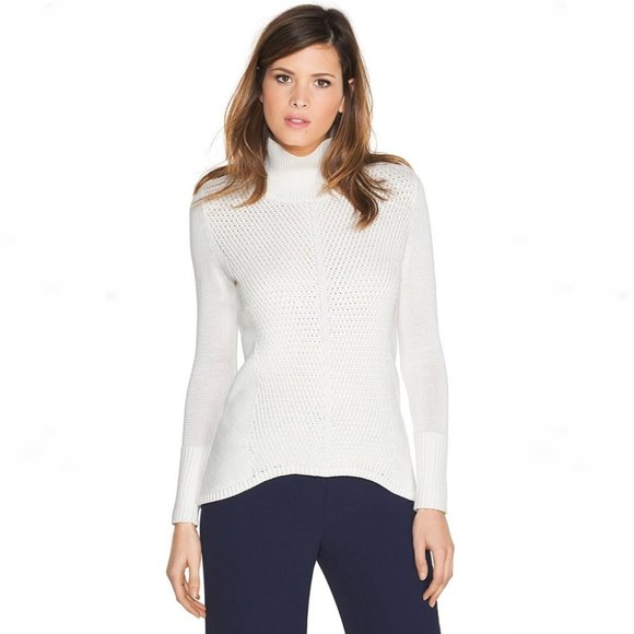 WHBM Ecru High-Neck Mixed-Stitch High-Low Sweater - Picture 2 of 11